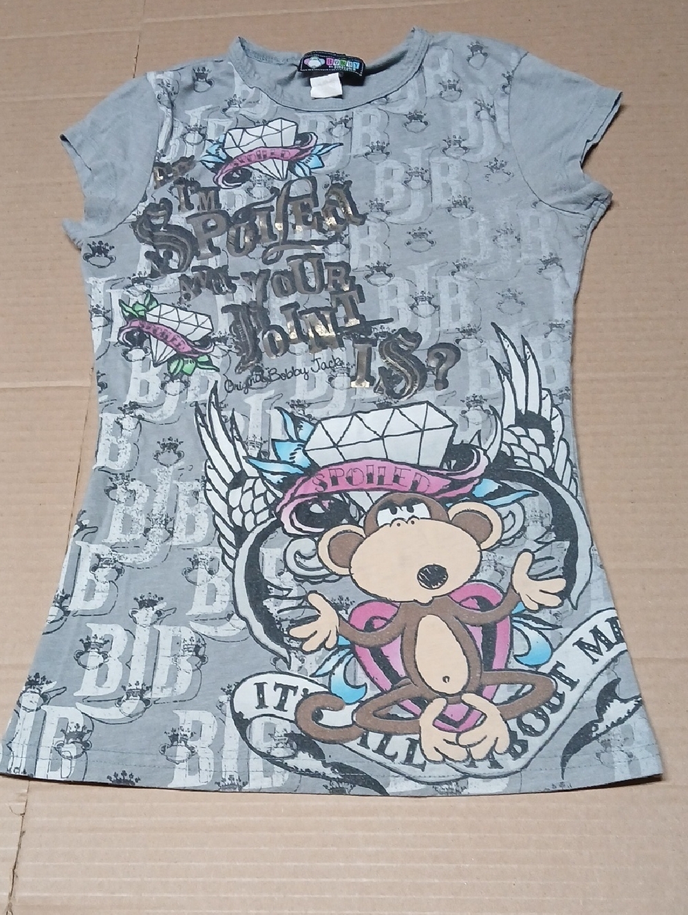 Bobby Jack I'm Spoiled Tattoo Art Metallic Print Graphic Tee T-Shirt RARE Y2K